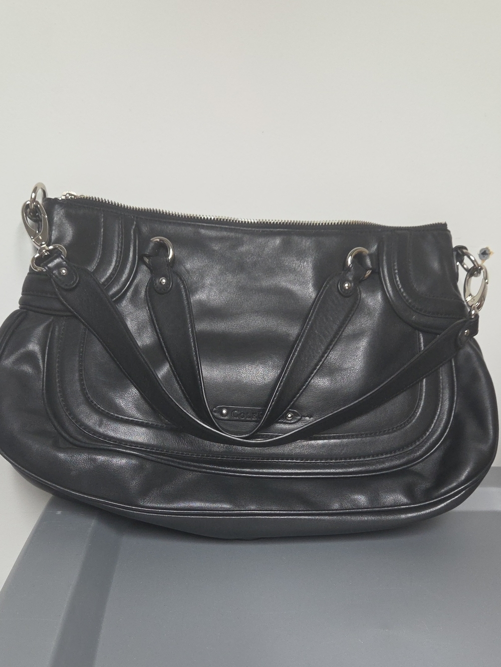 Cole Haan Black Leather Shoulder Bag with Silver Hardware
